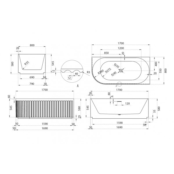 Ванна акриловая Abber 170x80x58 R белая (AB9412-1.7 R)