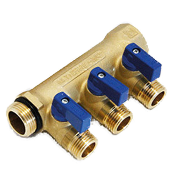 Коллектор с шаровыми клапанами Tiemme 3 отвода 1x1/2"(16) (латунь) синие ручки (1820046) Коллектор с шаровыми клапанами Tiemme 3 отвода 1x1/2"(16) (латунь) синие ручки (1820046)