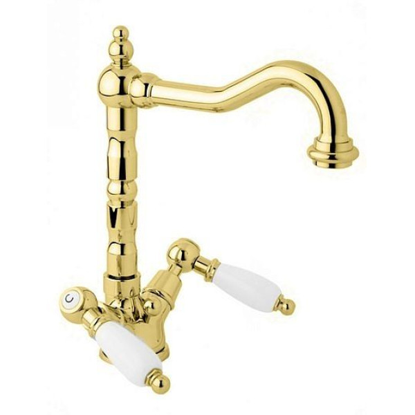 Смеситель для раковины Cezares First золотой, ручка рычаг - белый (FIRST-LS2-03/24-M)