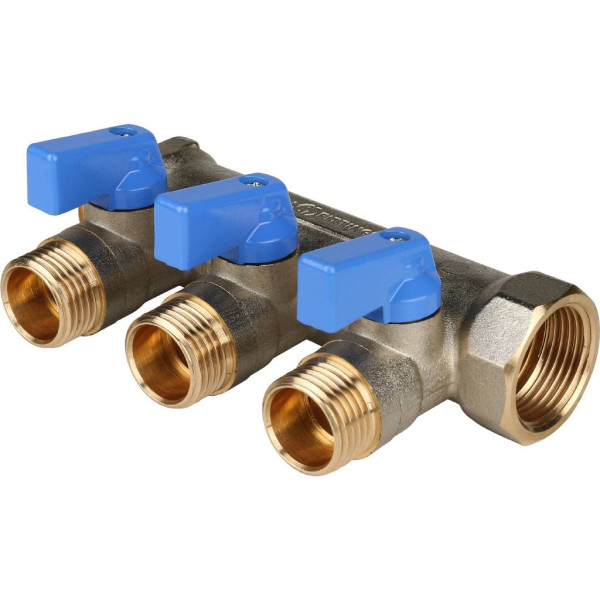 Коллектор 3 отвода с шаровыми клапанами 3/4"x1/2"(16) Stout (латунь, синие ручки) (SMB-6201-341203)