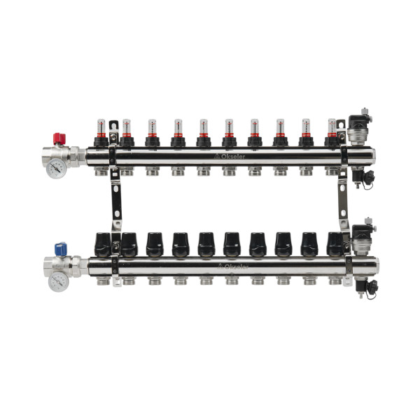Коллекторная группа 10 отводов 1"*3/4"(18) ЕК с расходомерами Okseler (латунь) с автоматическими воздухоотводчикоми и шаровыми кранами с термометрами