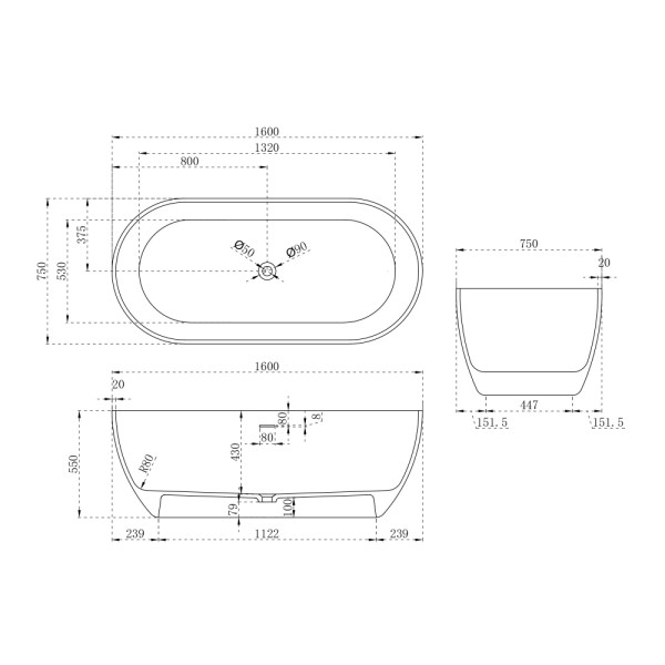 Ванна из искусственного камня Abber Stein 160x75 белая матовая (AS9613-1.6) Ванна из искусственного камня Abber Stein 160x75 белая матовая (AS9613-1.6)