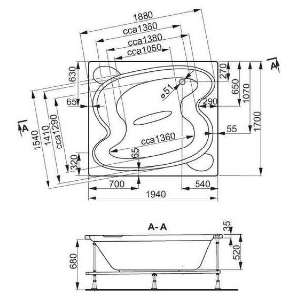 Ванна акриловая VagnerPlast Hellios 194 194х170х52 (VPBA197HEL2X-04)