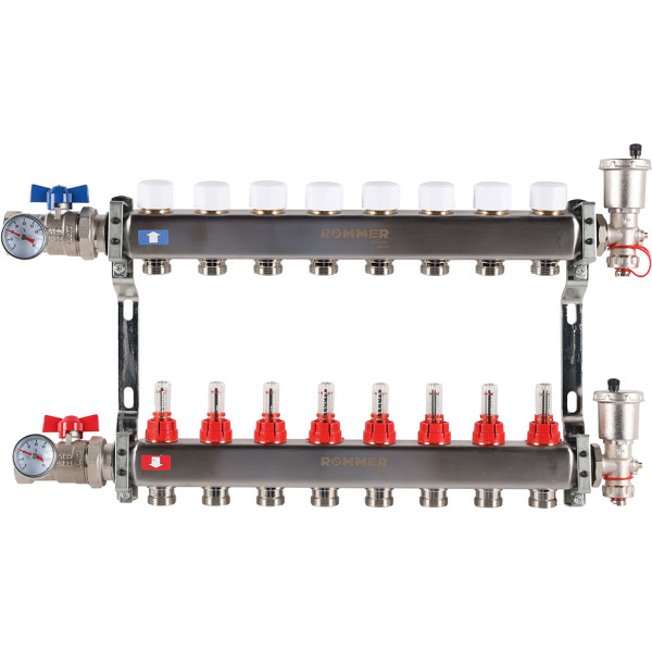 Коллекторная группа Rommer 8 отводов 1"x3/4" в сборе с расходомерами (нерж.сталь) (RMS-1210-000008)