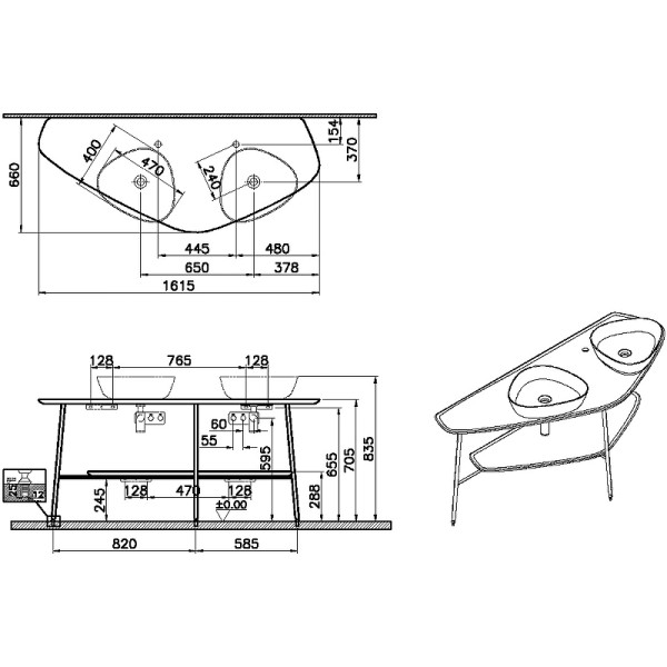 Cтолешница Vitra Plural 160 см под 2 раковины, массив, темный дуб (64043)