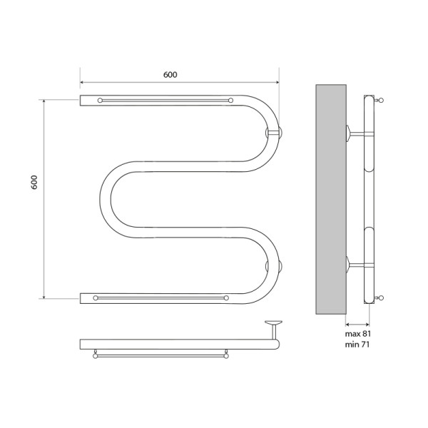 Полотенцесушитель водяной Melodia Simple Shelf М-образный б/кронштейна 60х60х1" с полкой (MTRSS6060)