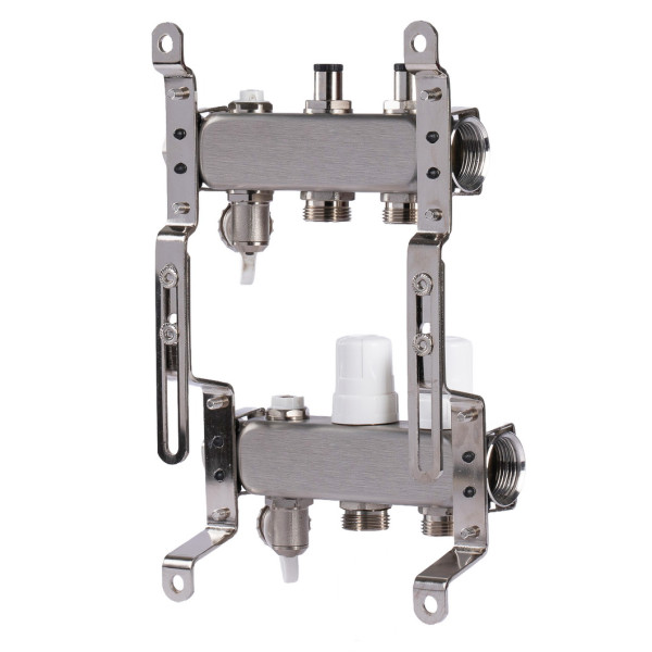 Коллекторная группа 2 отвода 1"*3/4"(18) ЕК с регулировочными клапанами Okseler (нерж.ст) с дренажным краном и краном Маевского (Oks00301)