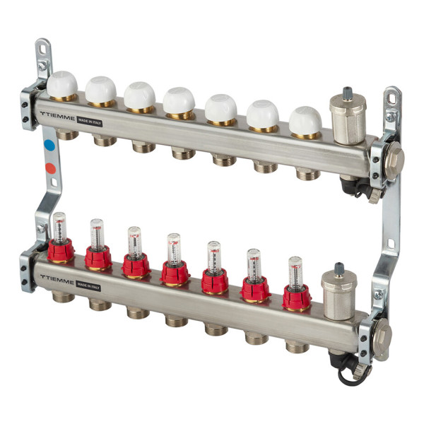 Коллекторная группа Tiemme 7 отводов 1"-3/4" НР ЕК M30х1,5 мм. с расходомерами (нерж.ст) (3920133)