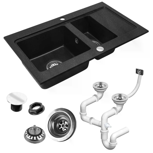 Мойка для кухни 2 чаши Rea fox black metalic гранит 78x46,5x19 черная металлик (ZLE-00135)