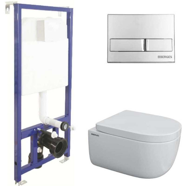 Комплект инсталляция с унитазом Berges инсталляция NOVUM525, кнопка L3 хром глянец, унитаз EGO Rimless 49см, сиденье дюропласт Toma SO, микр
