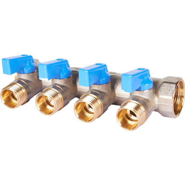 Коллектор 4 отвода с шаровыми клапанами 3/4"x1/2"(16) Stout (никель, синие ручки) (SMB-6211-341204) Коллектор 4 отвода с шаровыми клапанами 3/4"x1/2"(16) Stout (никель, синие ручки) (SMB-6211-341204)