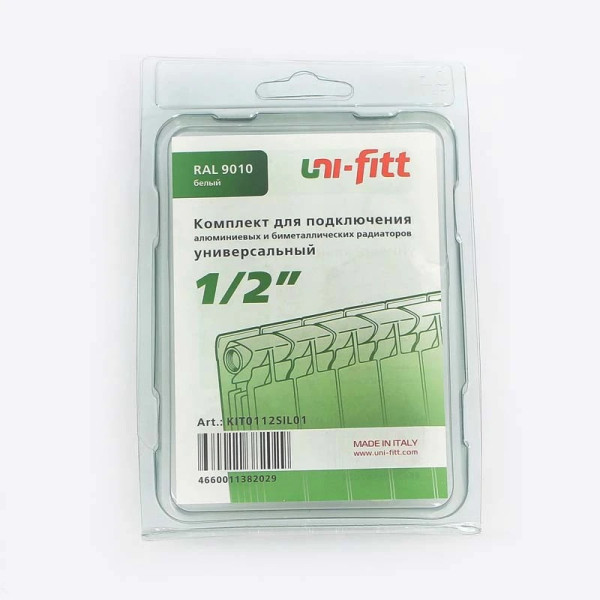Комплект универсальный для монтажа радиатора 1/2" Uni-Fitt без кронштейнов, RAL 9010 (KIT0112SIL01) Комплект универсальный для монтажа радиатора 1/2" Uni-Fitt без кронштейнов, RAL 9010 (KIT0112SIL01)