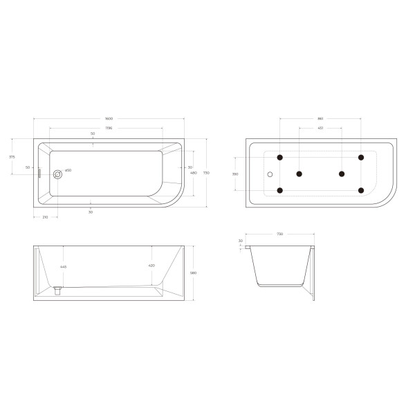 Ванна акриловая BelBagno 160x73 левосторонняя белая (BB712-1600-730-L)