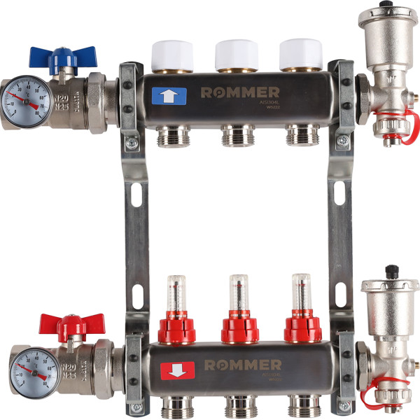 Коллекторная группа Rommer 3 отвода 1"x3/4" в сборе с расходомерами (нерж.сталь) (RMS-1210-000003)