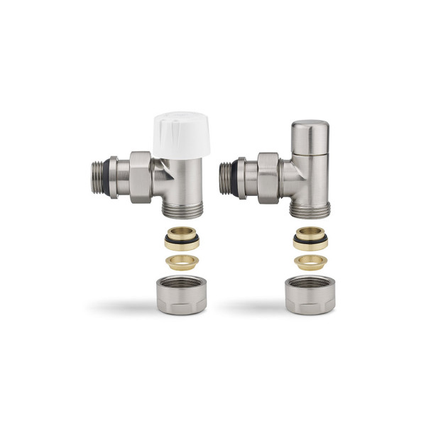 Комплект радиаторных клапанов угловой 1/2"х3/4"(18)ЕК Varmega №1 (матовый никель) (VMDV10-510415)