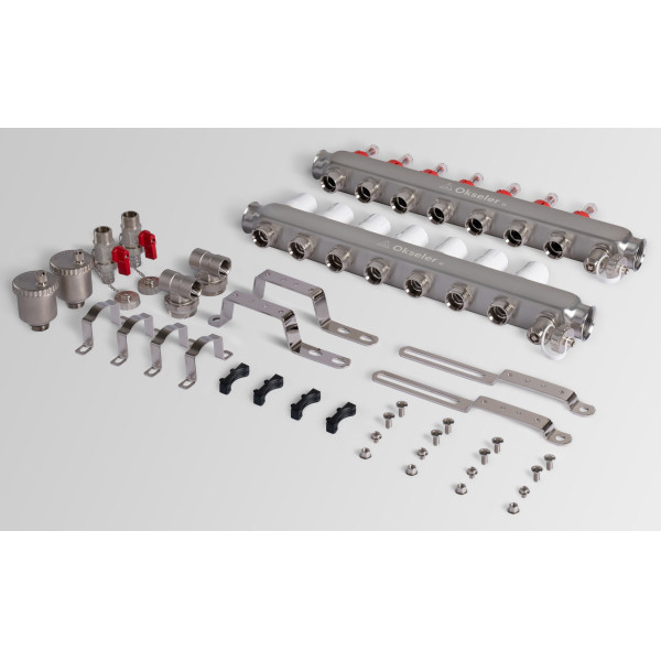 Коллекторная группа 7 отводов 1"*3/4"(18) ЕК с расходомерами Okseler (нерж.ст) с автоматическим воздухоотводчиком и спускным краном (Oks00345)