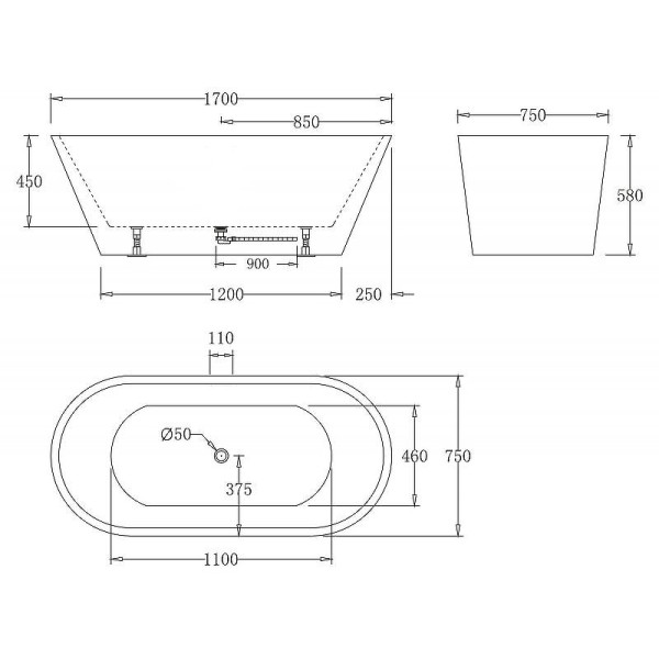 Ванна акриловая Belbagno 170x75 без перелива (BB61-1700-W0)