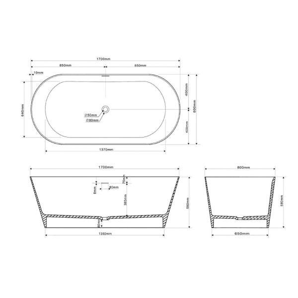 Ванна из искусственного камня Abber Stein 170x80x58 белая матовая (AS9605)
