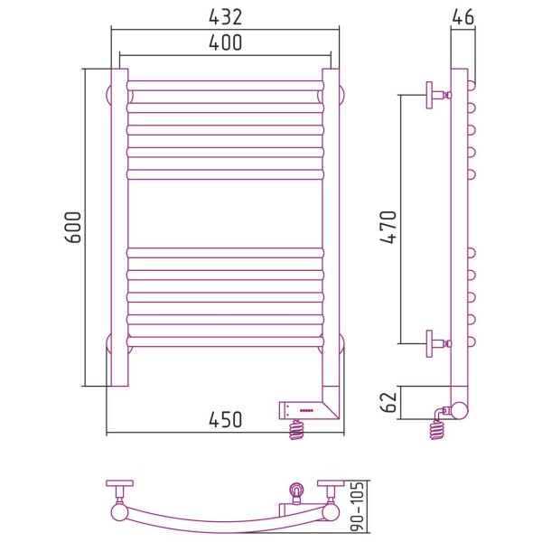 Полотенцесушитель электрический Сунержа Богема 2.0 выгнутая 600x400 МЭМ правый, хром (00-5203-6040)