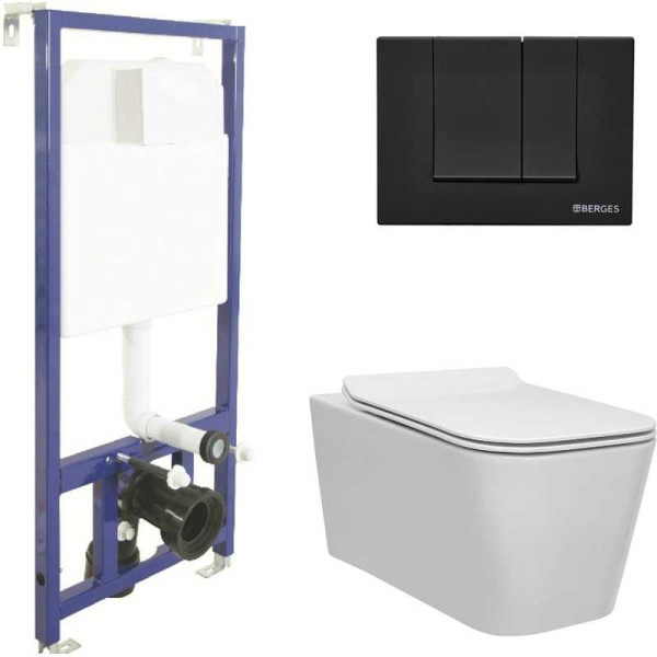 Комплект инсталляция с унитазом Berges: инсталляция NOVUM525, кнопка S5 SoftTouch черная, унитаз FLOE Rimless, сидение дюропласт Floe Slim SO,