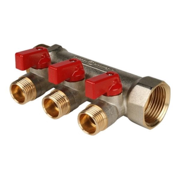 Коллектор 3 отвода с шаровыми клапанами 3/4"x1/2"(16) Stout (латунь, красные ручки) (SMB-6200-341203) Коллектор 3 отвода с шаровыми клапанами 3/4"x1/2"(16) Stout (латунь, красные ручки) (SMB-6200-341203)