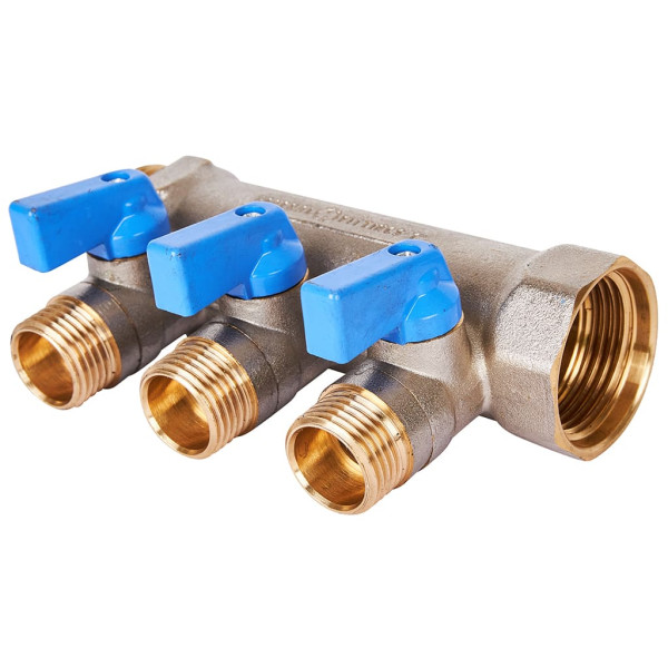 Коллектор 3 отвода с шаровыми клапанами 1"x1/2"(16) Stout (никель, синие ручки) (SMB-6211-011203)