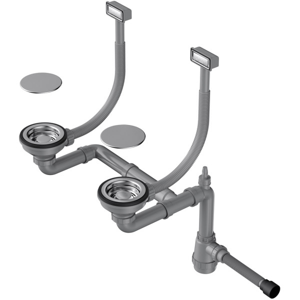 Сифон для двухчашевых моек Omoikiri с прямоугольными переливами, декоративными решетками и декоративными накладками WK-2C-IN сталь нержавеющая (495647