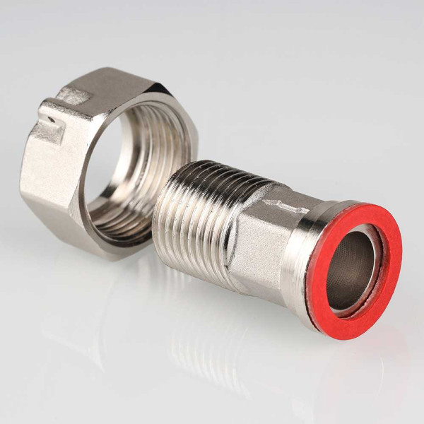 Сгон с накидной гайкой и обратным клапаном 1/2"*3/4" Valtec (никель) (VTr.612.N.0004) Сгон с накидной гайкой и обратным клапаном 1/2"*3/4" Valtec (никель) (VTr.612.N.0004)