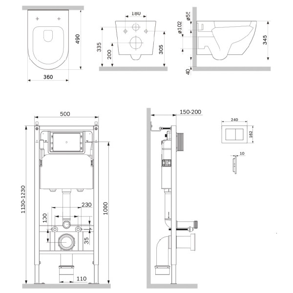 Комплект инсталляция с унитазом AM.PM PrimeFit с клав S черная матовая с подвесным унитазом Like AquaSpin 2.0 (IS90238.801901)