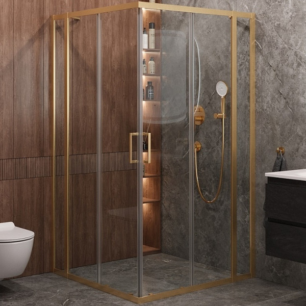 Душевой уголок Cezares Molveno 130x130x195 стекло прозрачное, профиль брашированное золото (MOLVENO-A-22-100+30-C-BORO-IV)