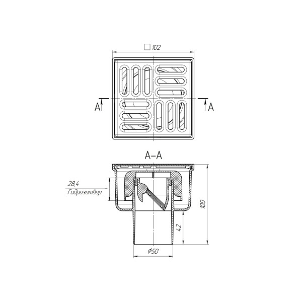 Трап вертикальный 50 мм. (100*100) АНИ нерегулируемый, с гидрозатвором (решетка нерж.ст.) АНИ пласт (TA5202)