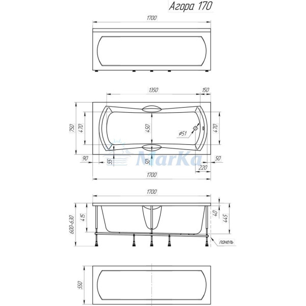 Ванна акриловая 1Marka Agora 170x75 белая (01аго1775)