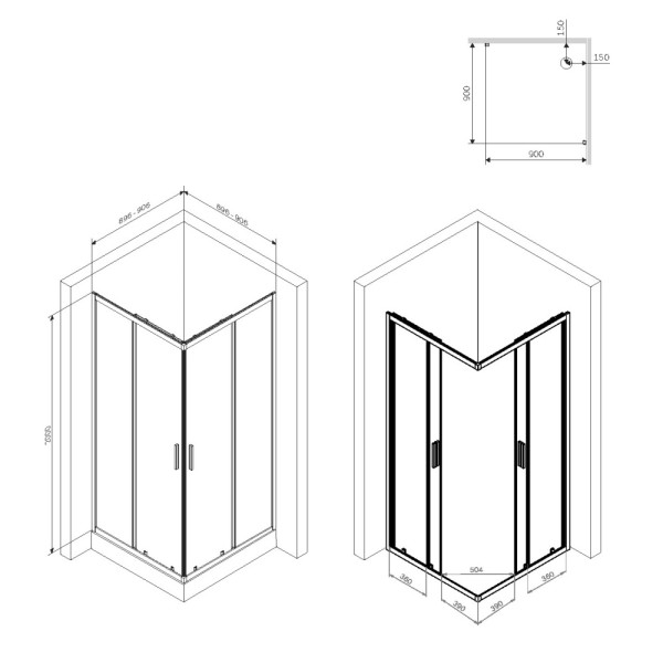 Душевое ограждение AM.PM Gem S 90x90x200 стекло прозрачное, профиль черный матовый (W93G-403-090BT)