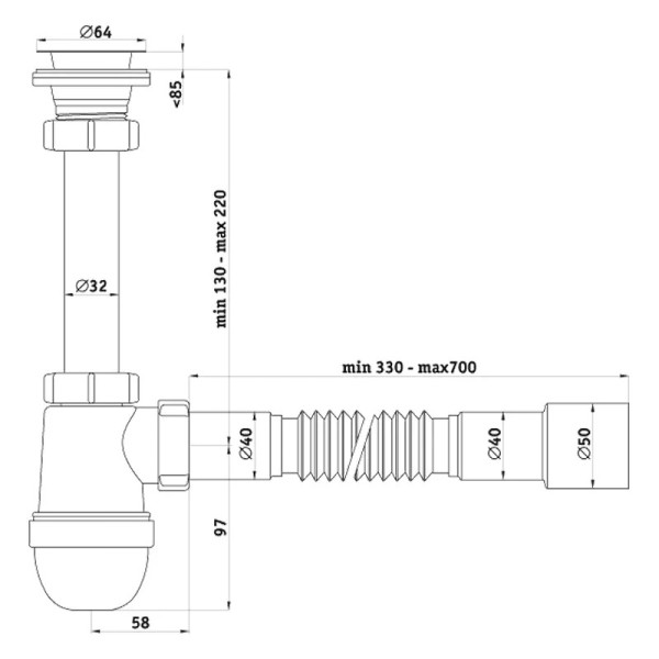 Сифон 32 мм. (1 1/4"*40 мм.) бутылочный АНИ с выпуском 1 1/4"*65 мм., с гибкой трубой 40*40/50 АНИ пласт (C1015)