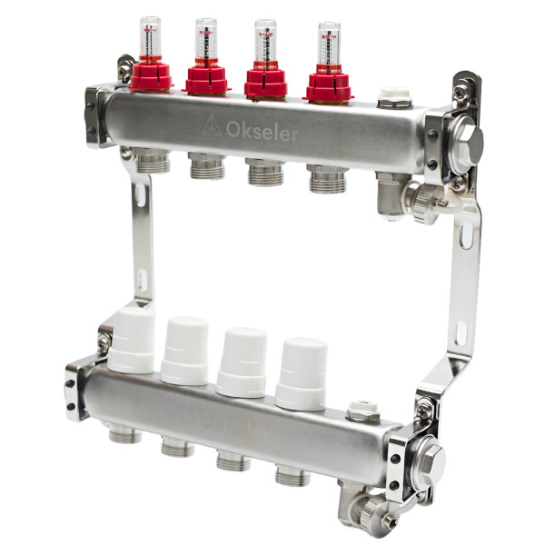 Коллекторная группа 11 отводов 1"*3/4"(18) ЕК с расходомерами Okseler (нерж.ст) с дренажным краном и краном Маевского (Oks00994)