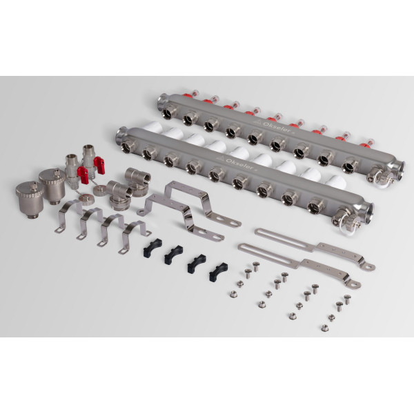 Коллекторная группа 9 отводов 1"*3/4"(18) ЕК с расходомерами Okseler (нерж.ст) с автоматическим воздухоотводчиком и спускным краном (Oks00347)