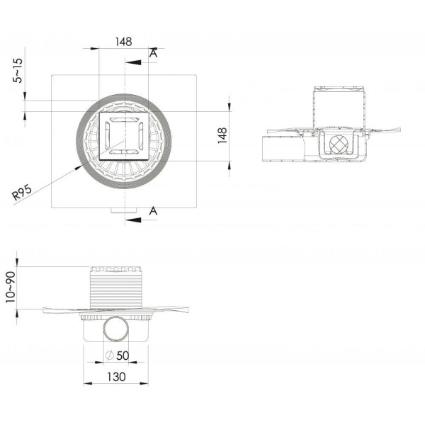 Трап Berges водосток Zentrum Norma 150х150, матовый хром, выпуск D50 H65 боковой (090363)