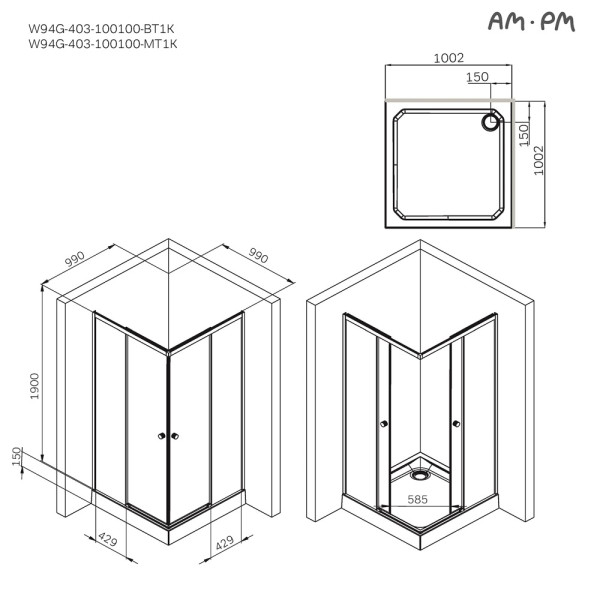 Душевой уголок AM.PM X-joy 100x100 стекло прозрачное, профиль черный матовый (W94G-403-100100-BT1K)