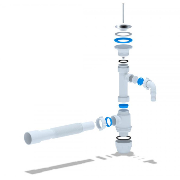 Cифон 32 мм. бутылочный АНИ Юнг с выпуском 1 1/4"*65 мм., с отводом для стир.машины, c гибкой трубой 32*40/50 АНИ пласт (BM1316)