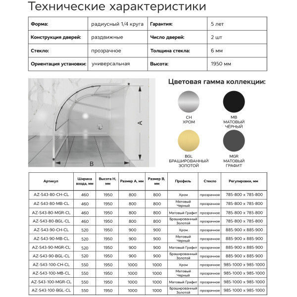 Душевой уголок Azario Shanghai 90x90x195 стекло прозрачное, профиль графит матовый (AZ-S43-90-MGR-CL)