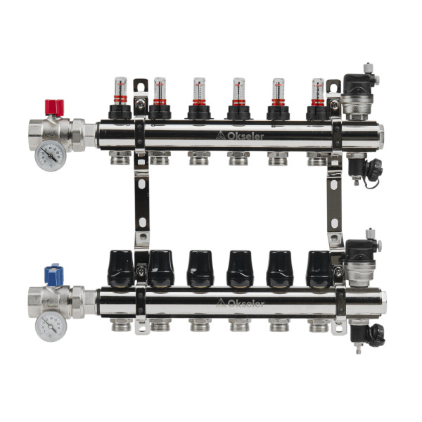 Коллекторная группа 6 отводов 1"*3/4"(18) ЕК с расходомерами Okseler (латунь) с автоматическими воздухоотводчикоми и шаровыми кранами с термометрами (
