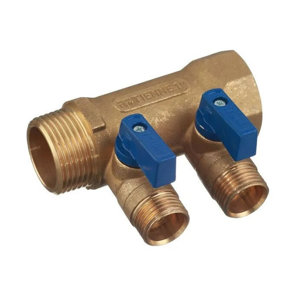 Коллектор 2 отв. с шар. клапанами Tiemme 1"*1/2"(16) (латунь) синие ручки (1820042)