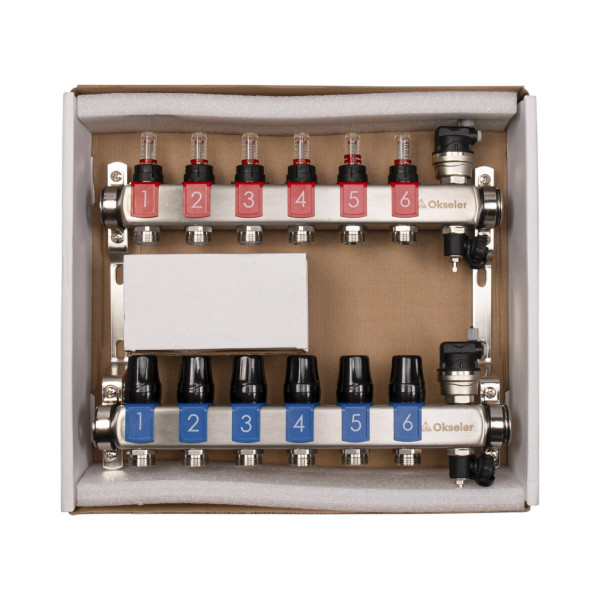 Коллекторная группа 6 отводов 1"*3/4"(18) ЕК с расходомерами Okseler (нерж.ст) с автоматическими воздухоотводчикоми и шаровыми кранами с термометрами