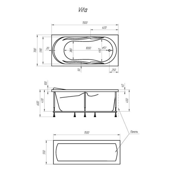 Ванна акриловая Marka One Vita 150х70 без гидромассажа Ванна акриловая Marka One Vita 150х70 без гидромассажа