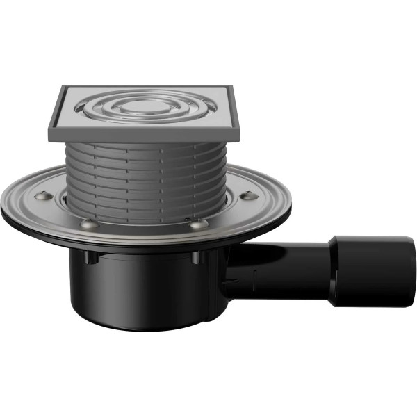 Трап регулируемый Fachmann T 510.1 SHsP 122x122 горизонтальный выпуск DN40/50 с "мокрым" гидрозатвором, решетка нерж. сталь, пластиковый подрамник (04