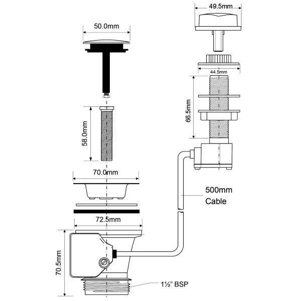 Донный клапан McAlpine 40*70мм (полуавтомат, тросик 500 мм) (PUS70-CP)