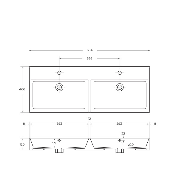 Раковина встраиваемая Cezares двойная 120x46,5 (CZR-MIL-120-2-LVB)