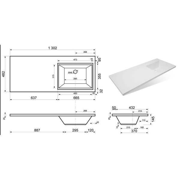Раковина накладная Melodia Даллас -1300 130x14,5 (чаша справа) (MFR79597WT)