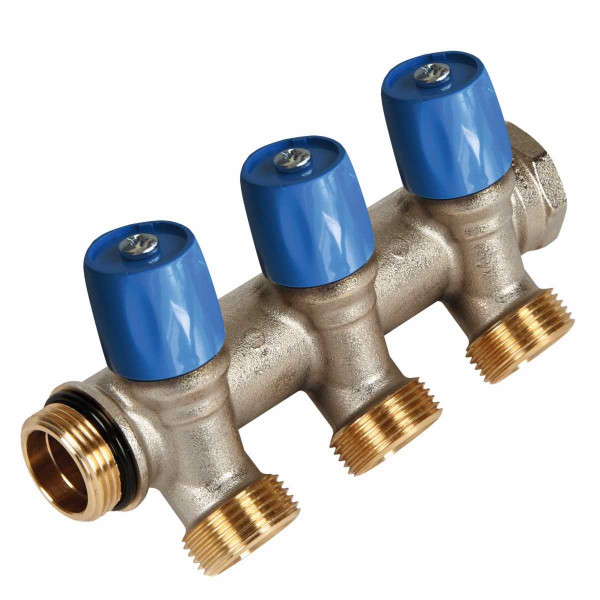 Коллектор VBS 2 отв. с синими вентилями 1"х3/4"НР под евроконус, Henco синие ручки (VBS060502-BL)