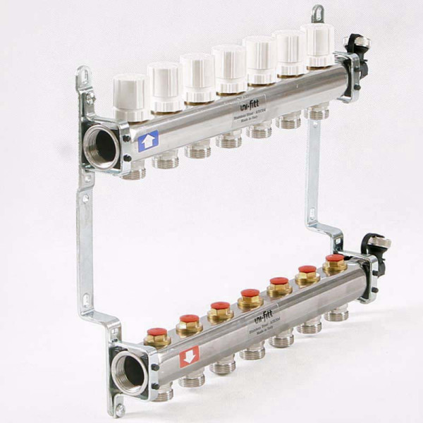 Коллекторная группа Uni-Fitt 7 отводов 1"х3/4" с балансировочными и термостатическими вентилями нерж. сталь
